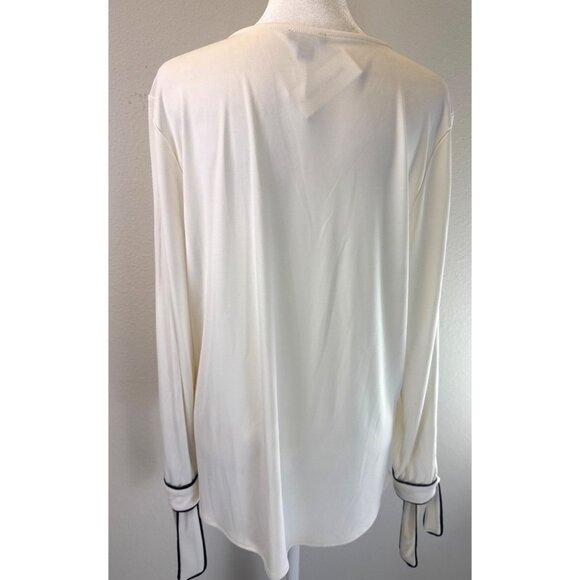 NTW Anne Taylor Elegant White V-Neck Blouse & Black Trim Large Light Academia - Picture 6 of 13
